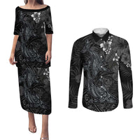 Hawaiian Tropical Plants and Tribal Whales Couples Matching Puletasi and Long Sleeve Button Shirt Polynesian Art Tattoo Grayscale LT03 Black - Polynesian Pride