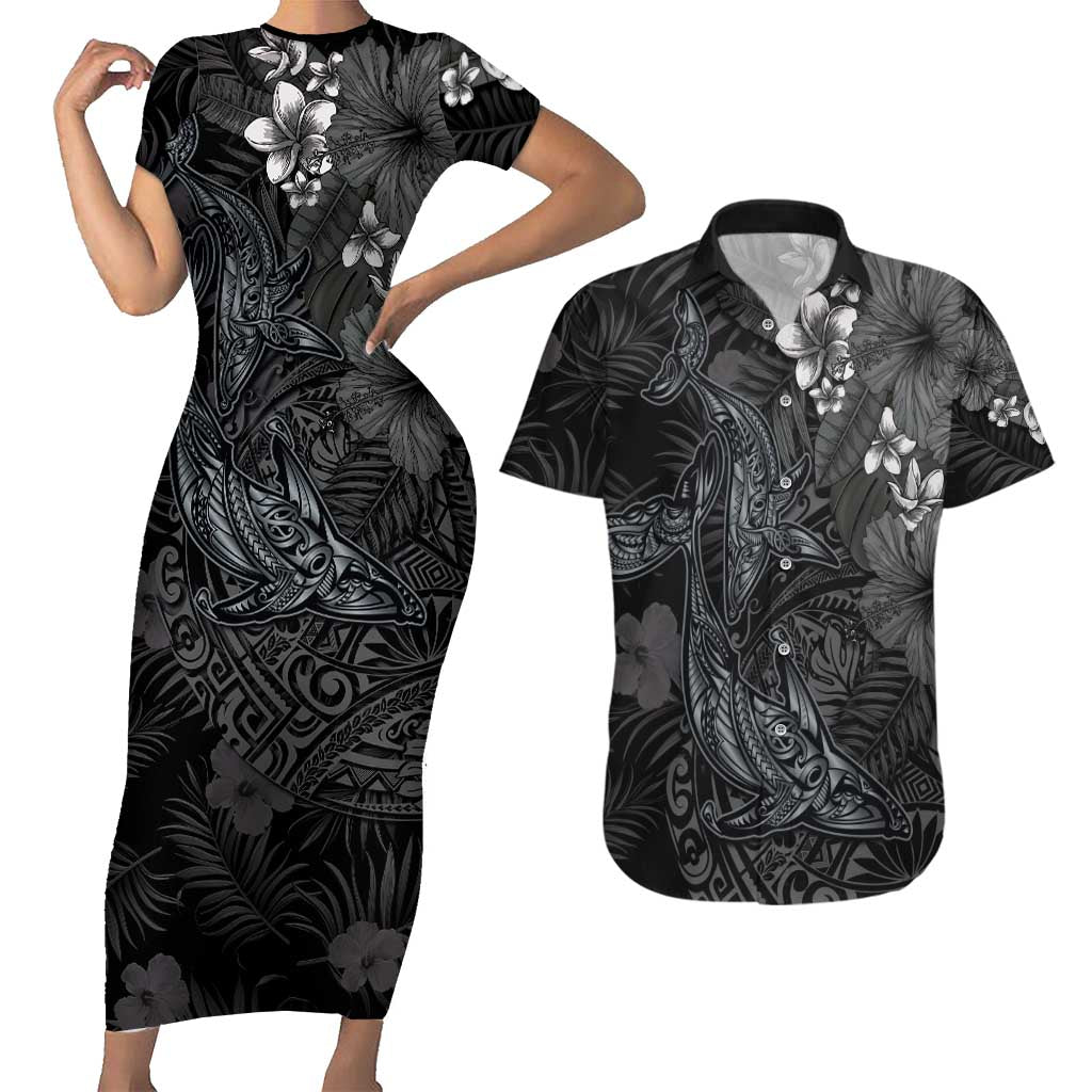 Hawaiian Tropical Plants and Tribal Whales Couples Matching Short Sleeve Bodycon Dress and Hawaiian Shirt Polynesian Art Tattoo Grayscale LT03 Black - Polynesian Pride
