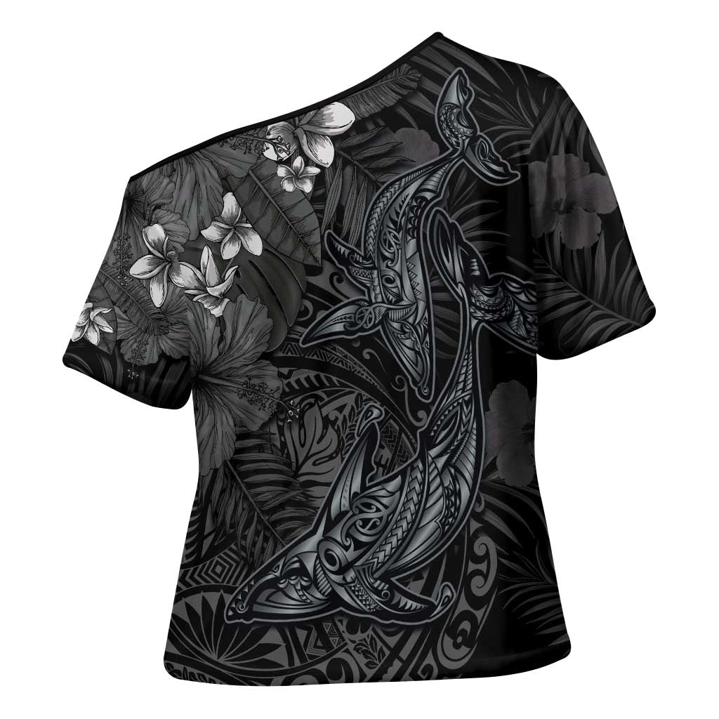 Hawaiian Tropical Plants and Tribal Whales Cross Shoulder Shirt Polynesian Art Tattoo Grayscale LT03 - Polynesian Pride