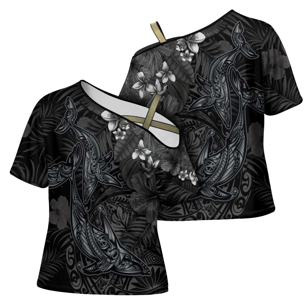 Hawaiian Tropical Plants and Tribal Whales Cross Shoulder Shirt Polynesian Art Tattoo Grayscale LT03 - Polynesian Pride