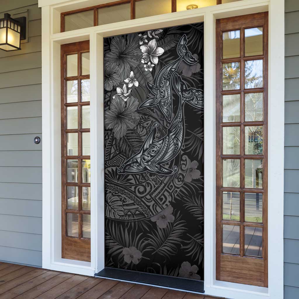 Hawaiian Tropical Plants and Tribal Whales Door Cover Polynesian Art Tattoo Grayscale