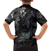 Hawaiian Tropical Plants and Tribal Whales Family Matching Off The Shoulder Long Sleeve Dress and Hawaiian Shirt Polynesian Art Tattoo Grayscale LT03 - Polynesian Pride