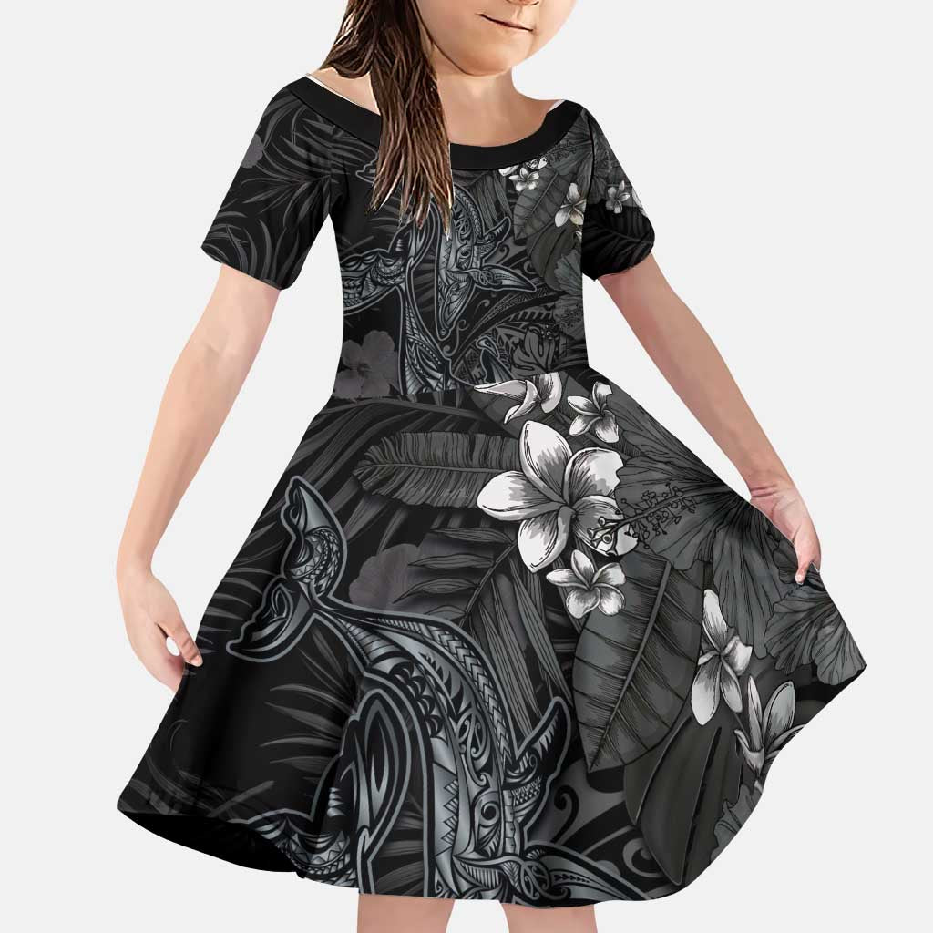 Hawaiian Tropical Plants and Tribal Whales Family Matching Off The Shoulder Long Sleeve Dress and Hawaiian Shirt Polynesian Art Tattoo Grayscale LT03 Daughter's Dress Black - Polynesian Pride