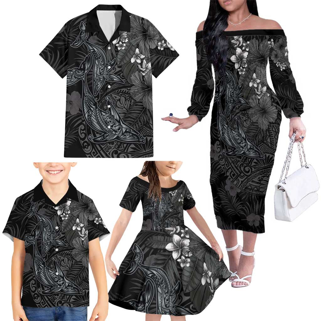 Hawaiian Tropical Plants and Tribal Whales Family Matching Off The Shoulder Long Sleeve Dress and Hawaiian Shirt Polynesian Art Tattoo Grayscale