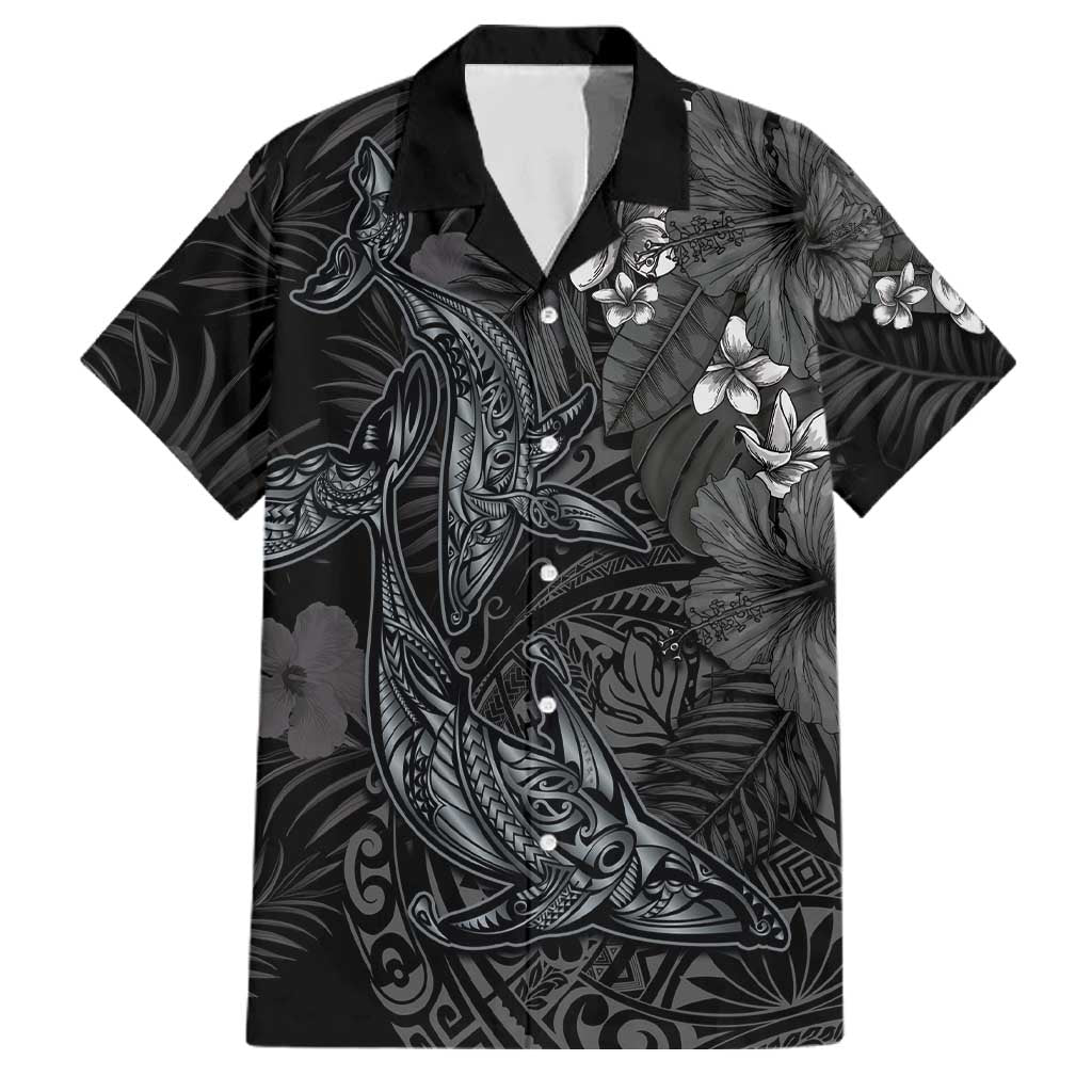 Hawaiian Tropical Plants and Tribal Whales Family Matching Off The Shoulder Long Sleeve Dress and Hawaiian Shirt Polynesian Art Tattoo Grayscale LT03 Dad's Shirt - Short Sleeve Black - Polynesian Pride