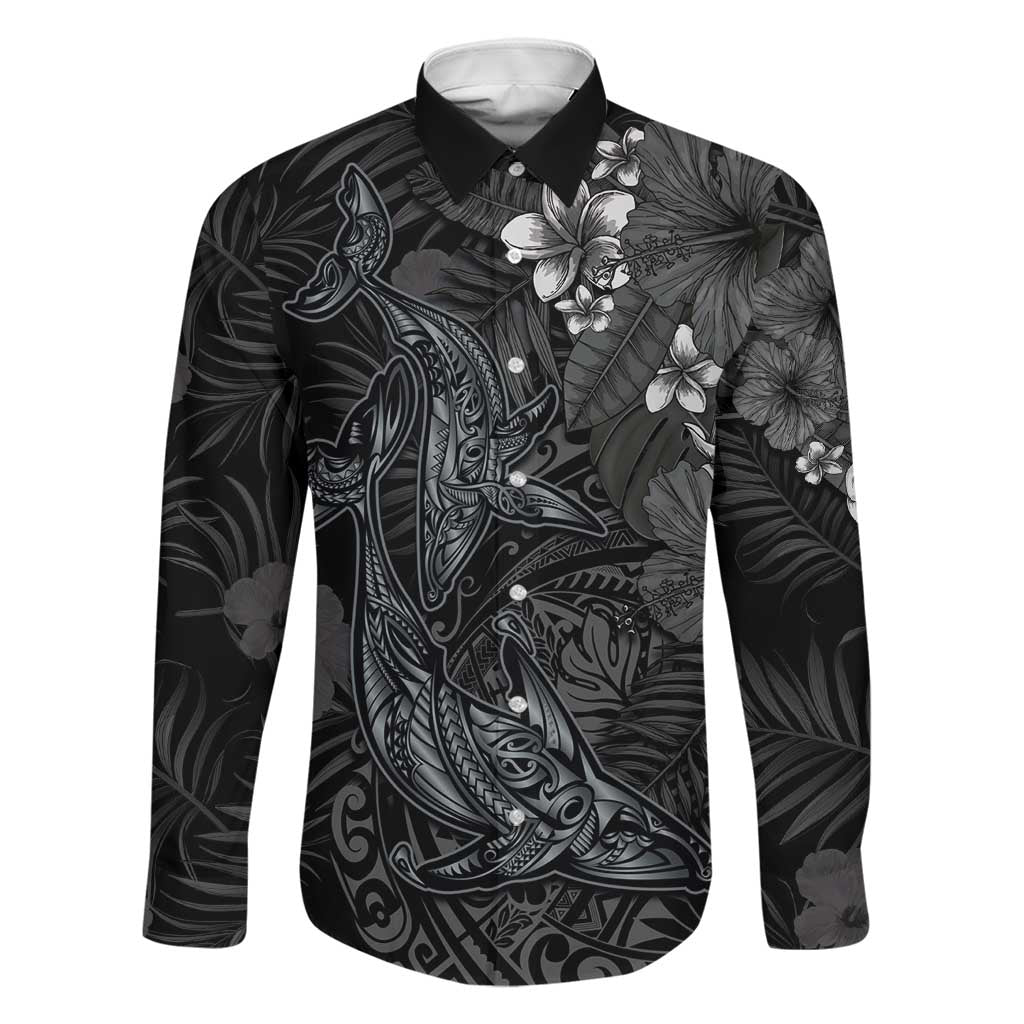 Hawaiian Tropical Plants and Tribal Whales Family Matching Off The Shoulder Long Sleeve Dress and Hawaiian Shirt Polynesian Art Tattoo Grayscale LT03 Dad's Shirt - Long Sleeve Black - Polynesian Pride