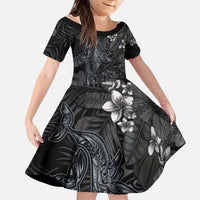 Hawaiian Tropical Plants and Tribal Whales Family Matching Off Shoulder Maxi Dress and Hawaiian Shirt Polynesian Art Tattoo Grayscale LT03 Daughter's Dress Black - Polynesian Pride
