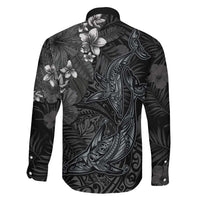 Hawaiian Tropical Plants and Tribal Whales Family Matching Off Shoulder Maxi Dress and Hawaiian Shirt Polynesian Art Tattoo Grayscale LT03 - Polynesian Pride