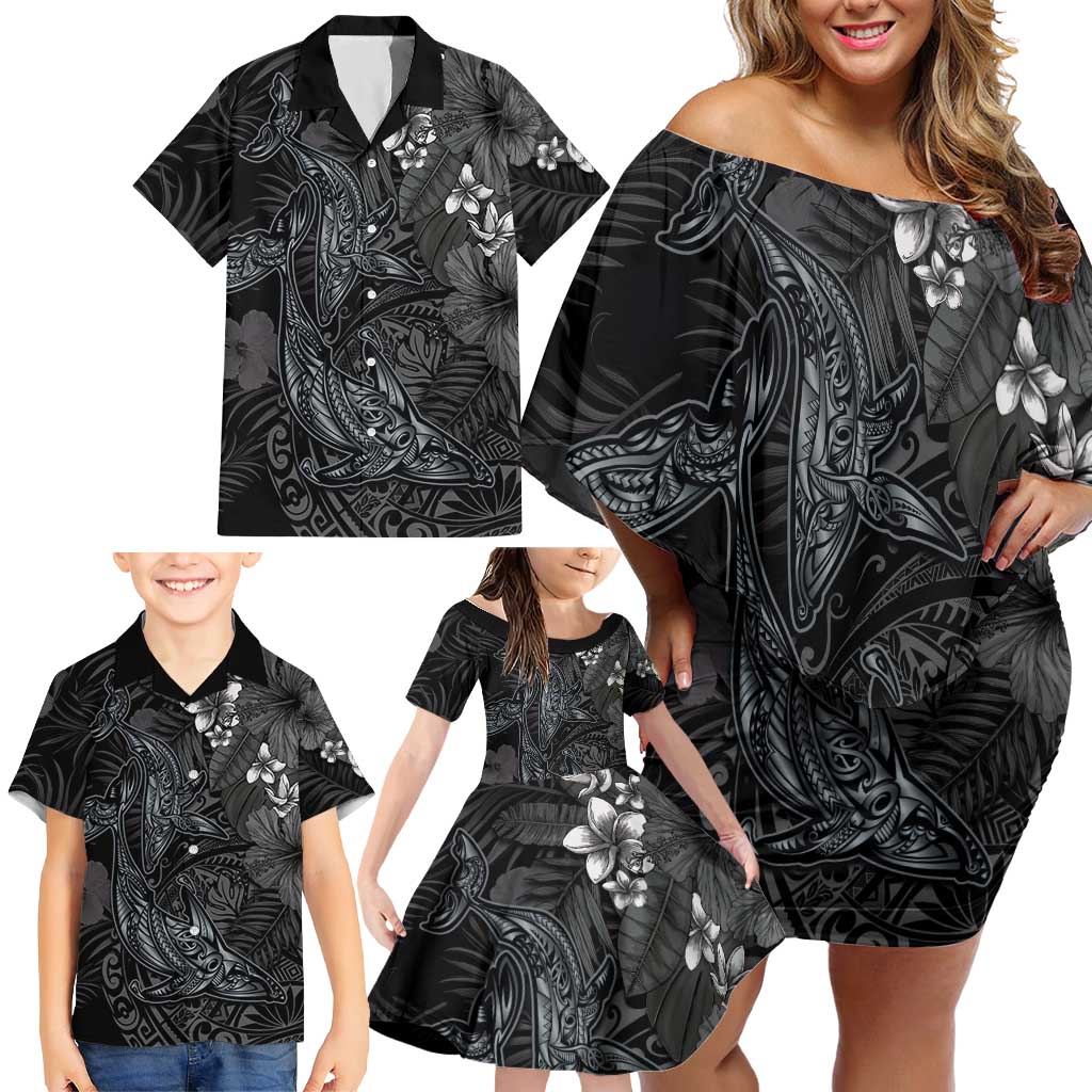 Hawaiian Tropical Plants and Tribal Whales Family Matching Off Shoulder Short Dress and Hawaiian Shirt Polynesian Art Tattoo Grayscale LT03 - Polynesian Pride