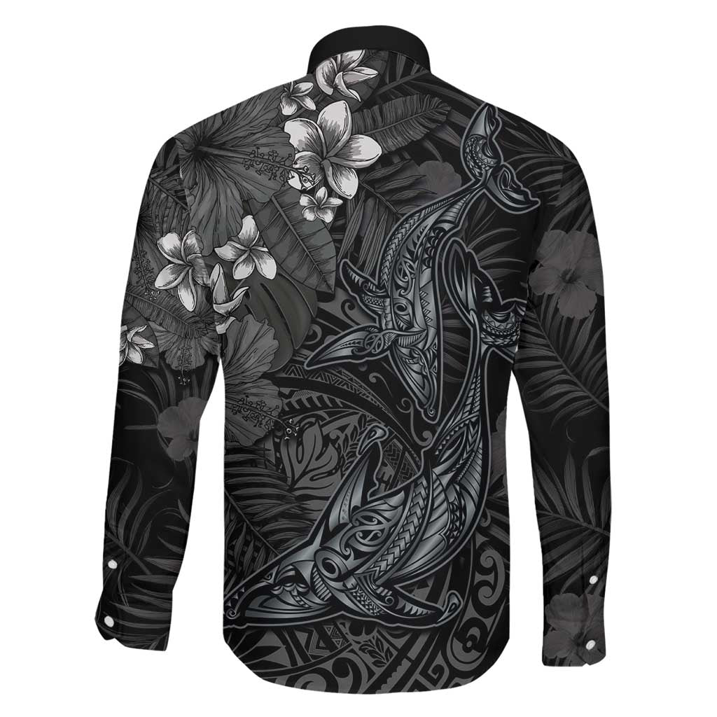 Hawaiian Tropical Plants and Tribal Whales Family Matching Off Shoulder Short Dress and Hawaiian Shirt Polynesian Art Tattoo Grayscale LT03 - Polynesian Pride