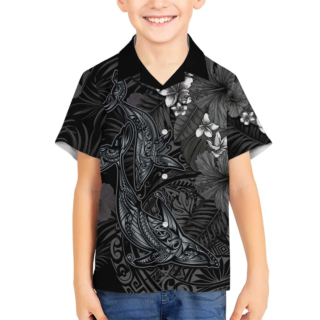 Hawaiian Tropical Plants and Tribal Whales Family Matching Off Shoulder Short Dress and Hawaiian Shirt Polynesian Art Tattoo Grayscale LT03 Son's Shirt Black - Polynesian Pride
