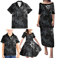 Hawaiian Tropical Plants and Tribal Whales Family Matching Puletasi and Hawaiian Shirt Polynesian Art Tattoo Grayscale LT03 - Polynesian Pride