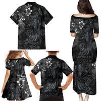 Hawaiian Tropical Plants and Tribal Whales Family Matching Puletasi and Hawaiian Shirt Polynesian Art Tattoo Grayscale LT03 - Polynesian Pride