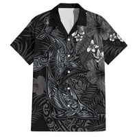 Hawaiian Tropical Plants and Tribal Whales Family Matching Puletasi and Hawaiian Shirt Polynesian Art Tattoo Grayscale LT03 Dad's Shirt - Short Sleeve Black - Polynesian Pride