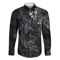 Hawaiian Tropical Plants and Tribal Whales Family Matching Summer Maxi Dress and Hawaiian Shirt Polynesian Art Tattoo Grayscale LT03 Dad's Shirt - Long Sleeve Black - Polynesian Pride