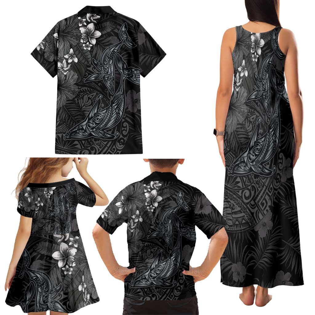 Hawaiian Tropical Plants and Tribal Whales Family Matching Tank Maxi Dress and Hawaiian Shirt Polynesian Art Tattoo Grayscale LT03 - Polynesian Pride