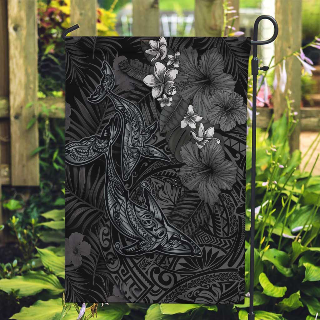 Hawaiian Tropical Plants and Tribal Whales Garden Flag Polynesian Art Tattoo Grayscale LT03 Garden Flag Black - Polynesian Pride