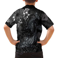 Hawaiian Tropical Plants and Tribal Whales Hawaiian Shirt Polynesian Art Tattoo Grayscale