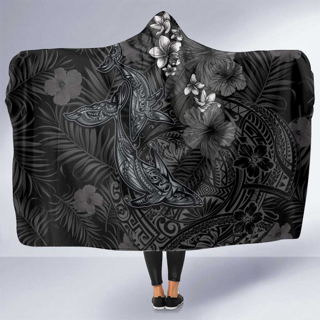 Hawaiian Tropical Plants and Tribal Whales Hooded Blanket Polynesian Art Tattoo Grayscale LT03 One Size Black - Polynesian Pride