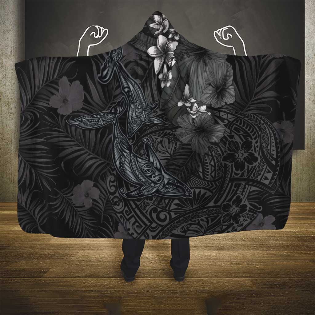 Hawaiian Tropical Plants and Tribal Whales Hooded Blanket Polynesian Art Tattoo Grayscale LT03 - Polynesian Pride
