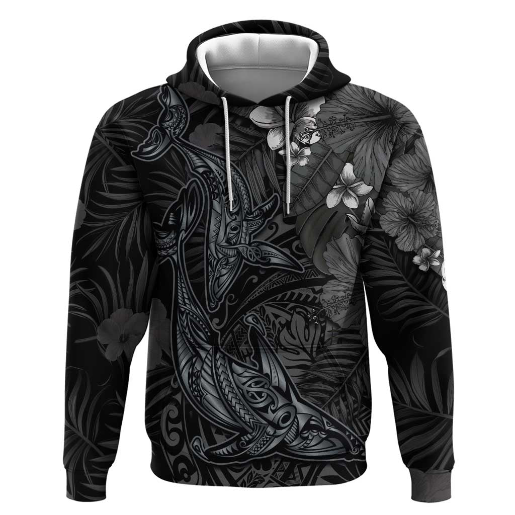 Hawaiian Tropical Plants and Tribal Whales Hoodie Polynesian Art Tattoo Grayscale LT03 Pullover Hoodie Black - Polynesian Pride