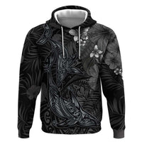 Hawaiian Tropical Plants and Tribal Whales Hoodie Polynesian Art Tattoo Grayscale LT03 Pullover Hoodie Black - Polynesian Pride