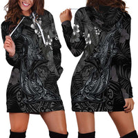 Hawaiian Tropical Plants and Tribal Whales Hoodie Dress Polynesian Art Tattoo Grayscale