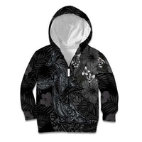 Hawaiian Tropical Plants and Tribal Whales Kid Hoodie Polynesian Art Tattoo Grayscale LT03 Zip Hoodie Black - Polynesian Pride