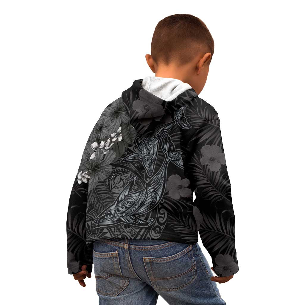 Hawaiian Tropical Plants and Tribal Whales Kid Hoodie Polynesian Art Tattoo Grayscale LT03 - Polynesian Pride