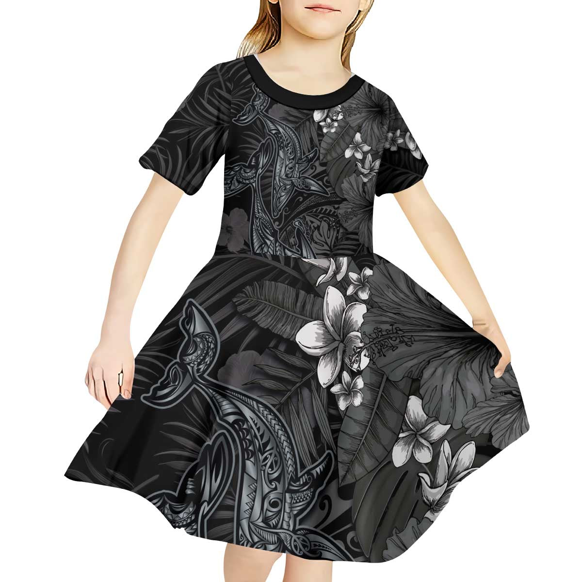 Hawaiian Tropical Plants and Tribal Whales Kid Short Sleeve Dress Polynesian Art Tattoo Grayscale