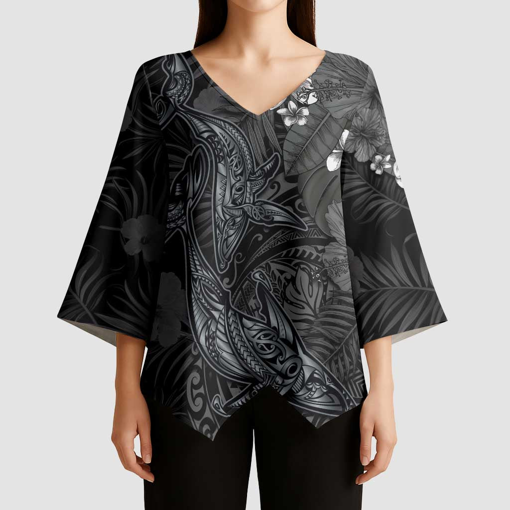 Hawaiian Tropical Plants and Tribal Whales Kimono Sleeve Blouse Polynesian Art Tattoo Grayscale LT03 - Polynesian Pride