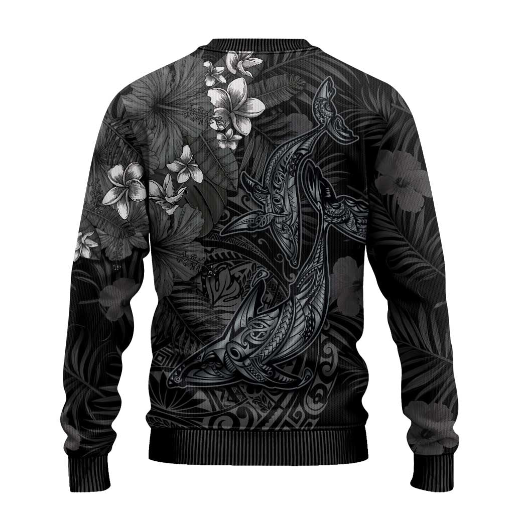 Hawaiian Tropical Plants and Tribal Whales Ugly Christmas Sweater Polynesian Art Tattoo Grayscale