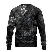 Hawaiian Tropical Plants and Tribal Whales Ugly Christmas Sweater Polynesian Art Tattoo Grayscale