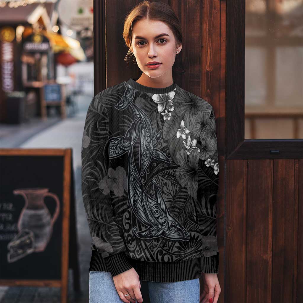 Hawaiian Tropical Plants and Tribal Whales Ugly Christmas Sweater Polynesian Art Tattoo Grayscale