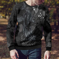 Hawaiian Tropical Plants and Tribal Whales Ugly Christmas Sweater Polynesian Art Tattoo Grayscale