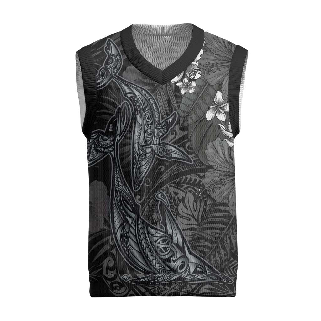 Hawaiian Tropical Plants and Tribal Whales Christmas Knitted V-Neck Vest Polynesian Art Tattoo Grayscale LT03 Black - Polynesian Pride