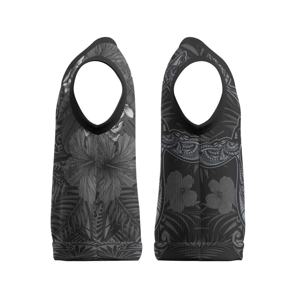 Hawaiian Tropical Plants and Tribal Whales Christmas Knitted V-Neck Vest Polynesian Art Tattoo Grayscale LT03 - Polynesian Pride