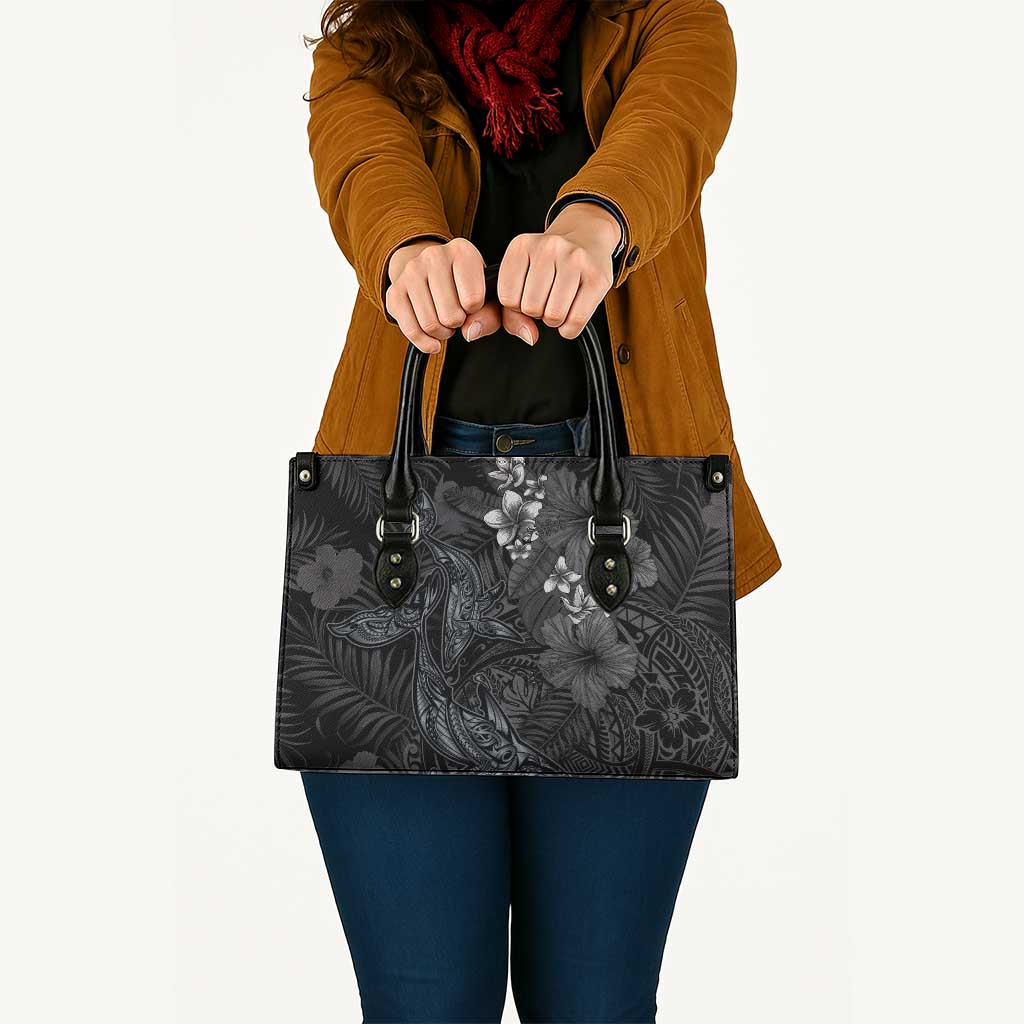 Hawaiian Tropical Plants and Tribal Whales Leather Bag Polynesian Art Tattoo Grayscale