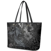 Hawaiian Tropical Plants and Tribal Whales Leather Tote Bag Polynesian Art Tattoo Grayscale