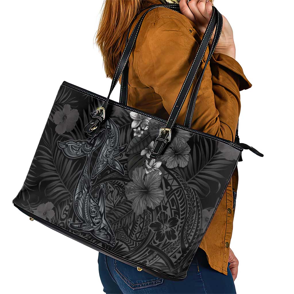 Hawaiian Tropical Plants and Tribal Whales Leather Tote Bag Polynesian Art Tattoo Grayscale