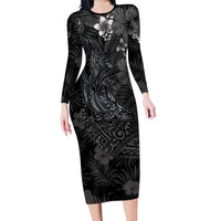 Hawaiian Tropical Plants and Tribal Whales Long Sleeve Bodycon Dress Polynesian Art Tattoo Grayscale LT03 Long Dress Black - Polynesian Pride