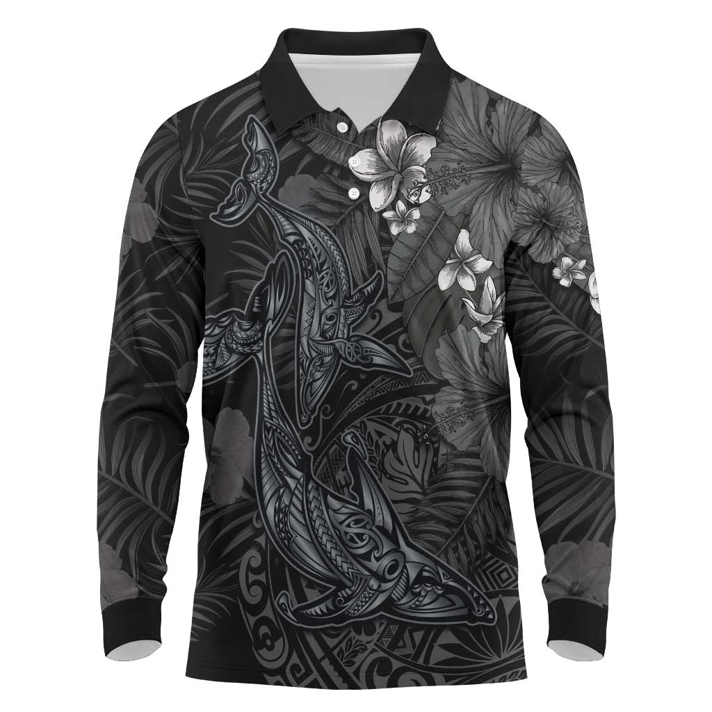 Hawaiian Tropical Plants and Tribal Whales Long Sleeve Polo Shirt Polynesian Art Tattoo Grayscale LT03 Black - Polynesian Pride