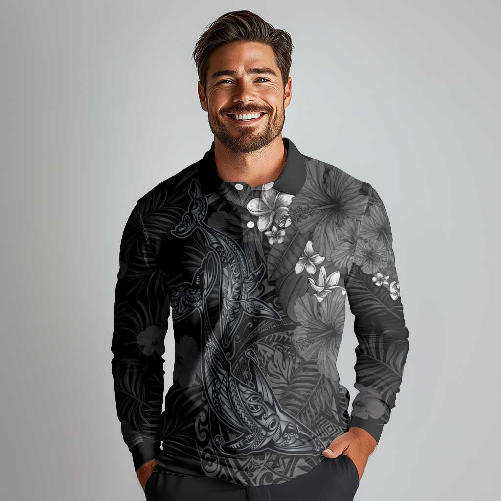Hawaiian Tropical Plants and Tribal Whales Long Sleeve Polo Shirt Polynesian Art Tattoo Grayscale LT03 - Polynesian Pride
