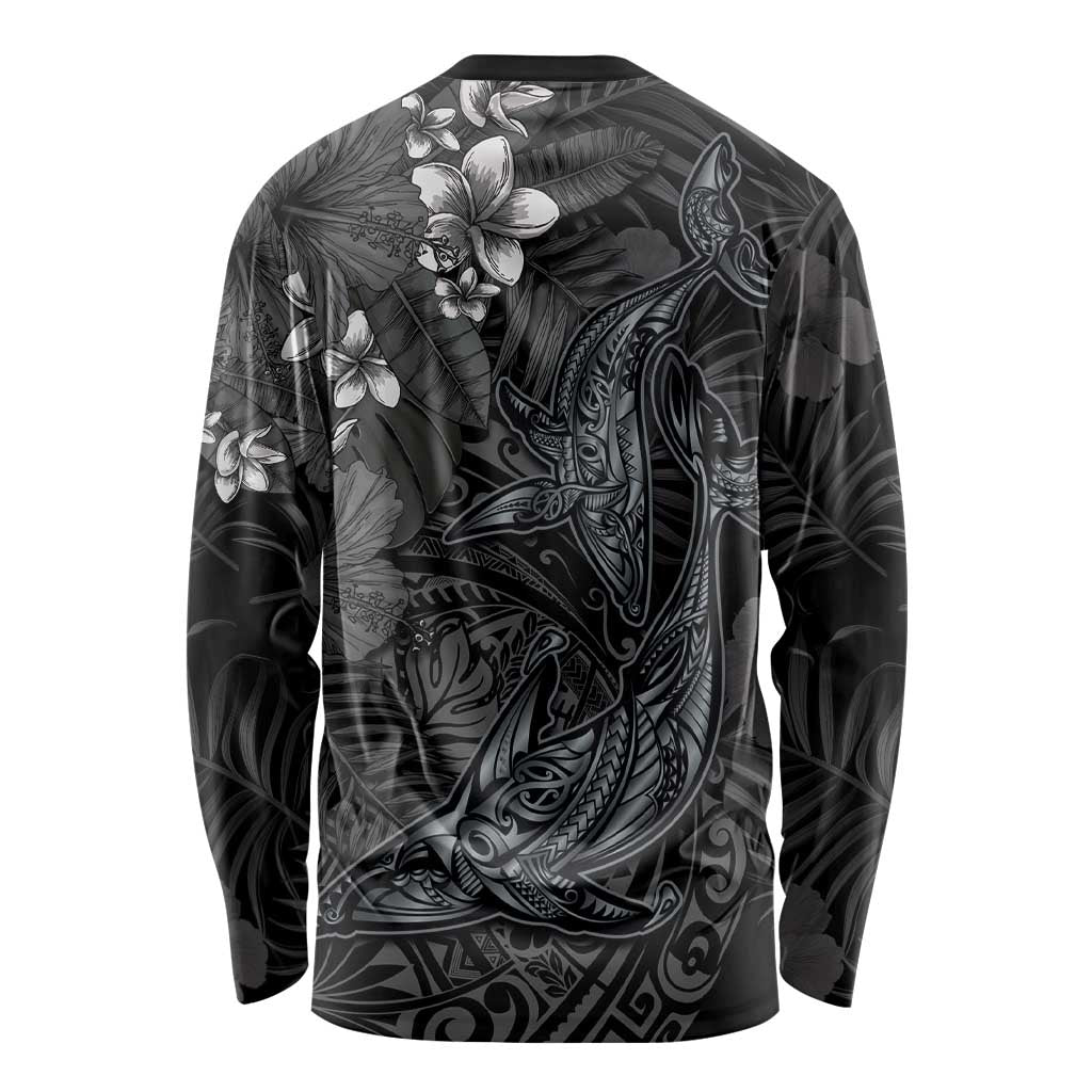 Hawaiian Tropical Plants and Tribal Whales Long Sleeve Shirt Polynesian Art Tattoo Grayscale LT03 - Polynesian Pride