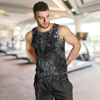 Hawaiian Tropical Plants and Tribal Whales Men Tank Top Polynesian Art Tattoo Grayscale LT03 Black - Polynesian Pride