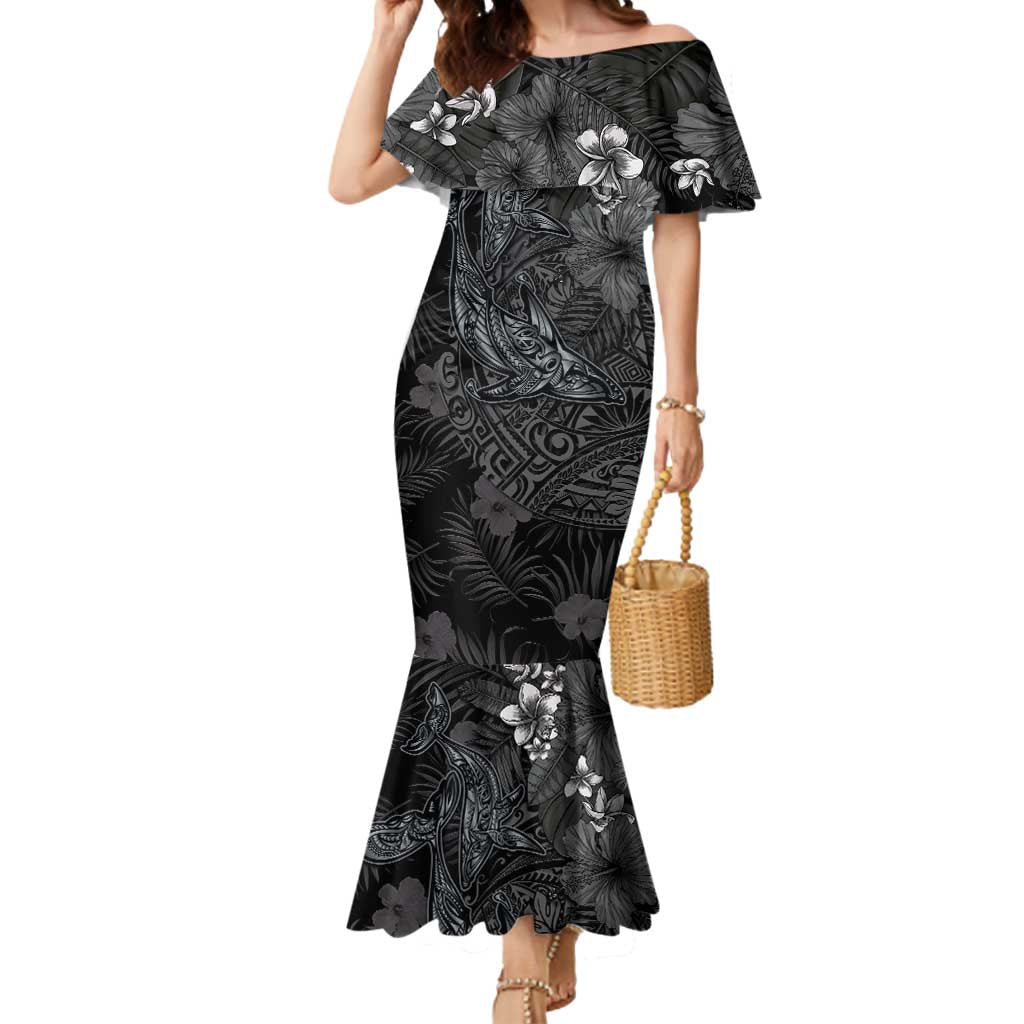 Hawaiian Tropical Plants and Tribal Whales Mermaid Dress Polynesian Art Tattoo Grayscale