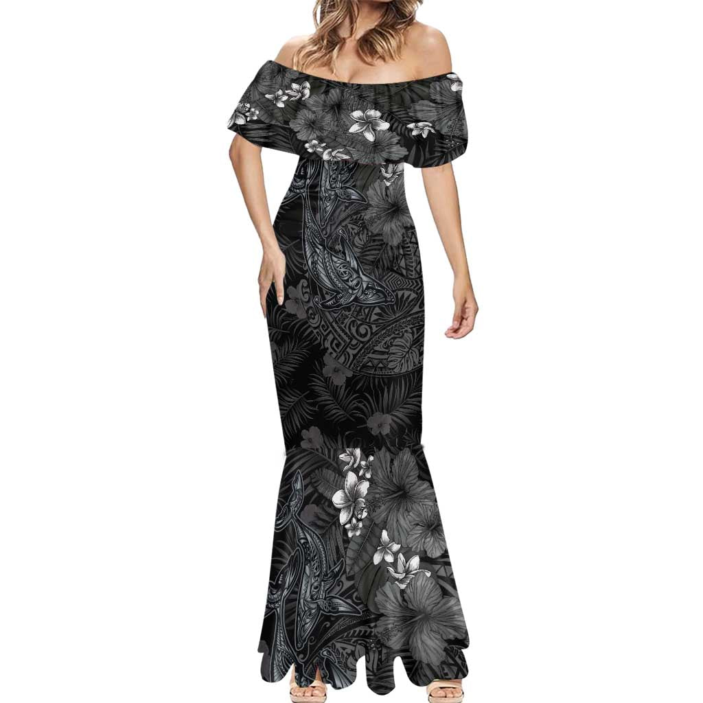 Hawaiian Tropical Plants and Tribal Whales Mermaid Dress Polynesian Art Tattoo Grayscale LT03 - Polynesian Pride
