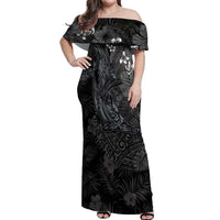 Hawaiian Tropical Plants and Tribal Whales Off Shoulder Maxi Dress Polynesian Art Tattoo Grayscale LT03 Women Black - Polynesian Pride