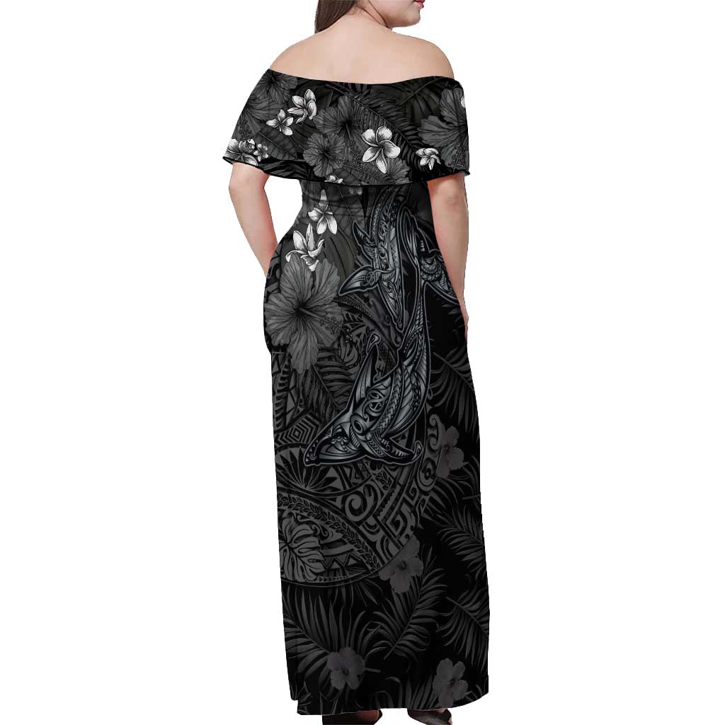 Hawaiian Tropical Plants and Tribal Whales Off Shoulder Maxi Dress Polynesian Art Tattoo Grayscale LT03 - Polynesian Pride