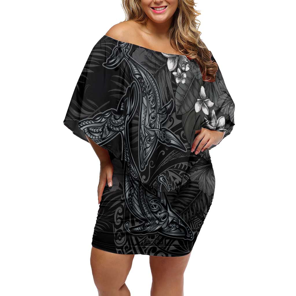 Hawaiian Tropical Plants and Tribal Whales Off Shoulder Short Dress Polynesian Art Tattoo Grayscale LT03 Women Black - Polynesian Pride